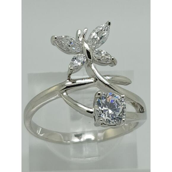 Vintage White Gold GP Round Marquise Cut Sim Diamond CZ Butterfly Ring Size 7.5 - Picture 2 of 10